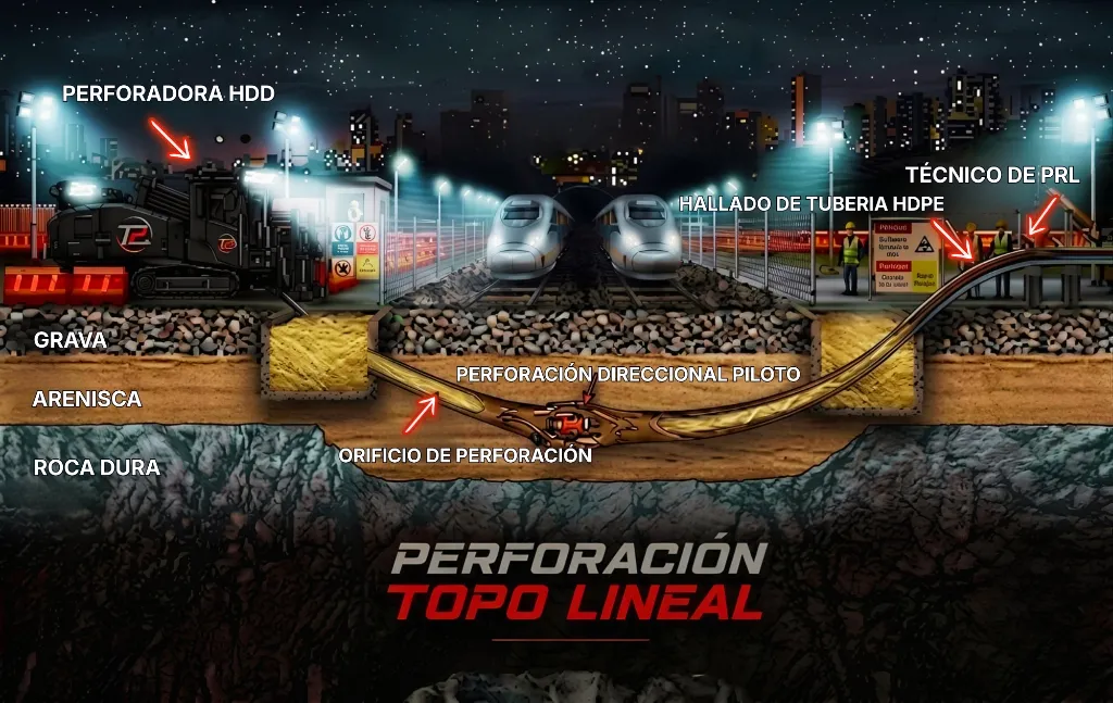 Diagrama técnico de la fase 3: Tiro de la tubería HDPE de regreso hacia el foso de entrada por el túnel escariado