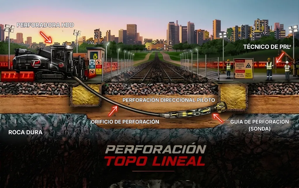 Diagrama técnico de la fase 1: Perforación direccional piloto cruzando bajo vías de ferrocarril con sonda de guiado
